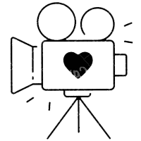 Eine einfache schwarz-weiße Strichzeichnung einer alten Filmkamera mit einer Herzform in der Mitte, die auf einem Stativ montiert ist.