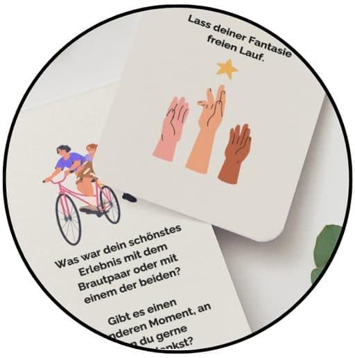 Eine Karte mit drei illustrierten Händen, die nach einem Stern greifen, überlagert eine andere Karte mit deutschem Text und einer Illustration von zwei Personen, die Fahrrad fahren.