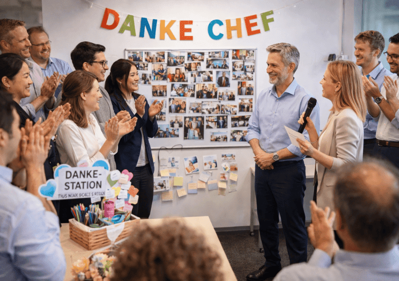 Team überrascht den Chef bei der Abschiedsfeier mit Rede, Fotowand und Dankesaktion