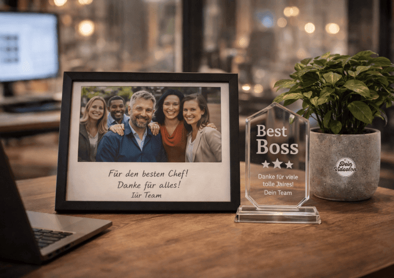 Individuelles Erinnerungsstück auf einem Büroschreibtisch mit Teamfoto und hochwertiger Dekoration als Abschiedsgeschenk für den Chef